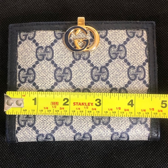 GUCCI GG Web Monogram Navy Blue Leather Coated Canvas Compact Bifold Wallet - Picture 11 of 17
